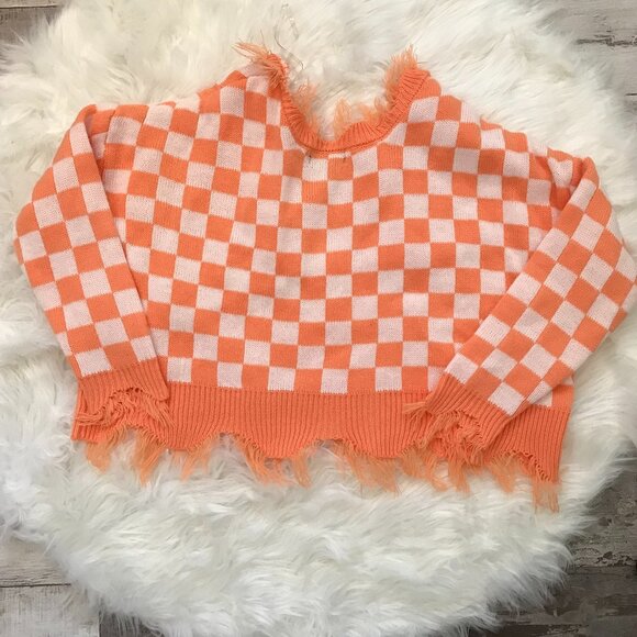 JUST POLLY Womans Checkered white and orange sweater V NECK SIZE M - Picture 2 of 5